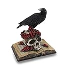 Zeckos Mystical Raven on a Rose-Covered Skull Hand Painted Resin Statue -,Perched Upon 'The Raven' Poetry Book - an Artistic Fusion of Macabre and Literary Allure