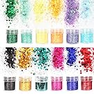 Holographic Glitter 12 Colors Face Body Eye Hair Nail Festival Party Event Artcrafts, Round and Hexagons, Extra Fine and 1 MM